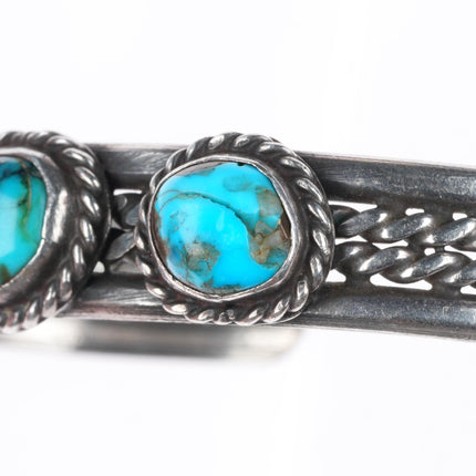 6.4" vintage Navajo sterling silver twisted wire turquoise cuff bracelet 3 stone