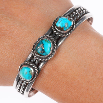 6.4" vintage Navajo sterling silver twisted wire turquoise cuff bracelet 3 stone