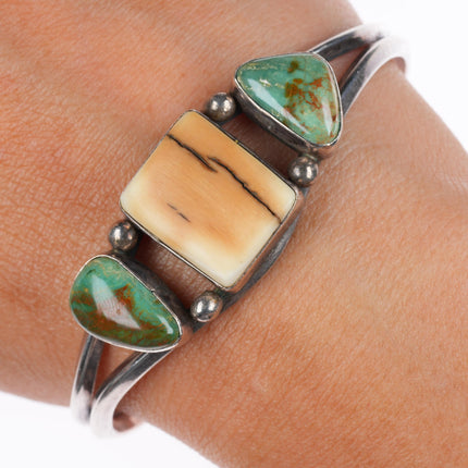 6.5" JM Navajo vintage sterling silver green turquoise/antler cuff bracelet