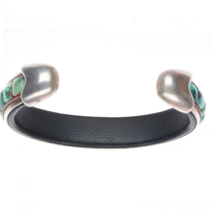 6.2" Charlie Favour southwestern sterling silver turquoise leather cuff bracelet