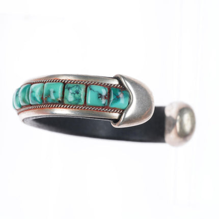 6.2" Charlie Favour southwestern sterling silver turquoise leather cuff bracelet