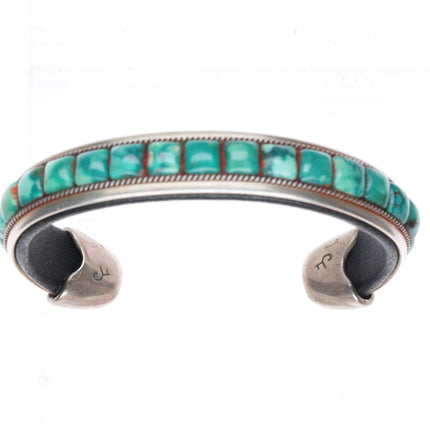 6.2" Charlie Favour southwestern sterling silver turquoise leather cuff bracelet