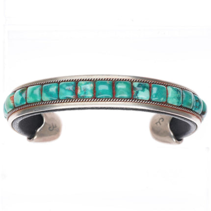 6.2" Charlie Favour southwestern sterling silver turquoise leather cuff bracelet