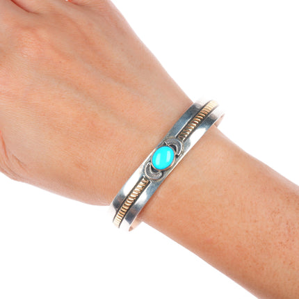 7.1" Rick Enriquez Navajo 14k gold sterling silver turquoise cuff bracelet