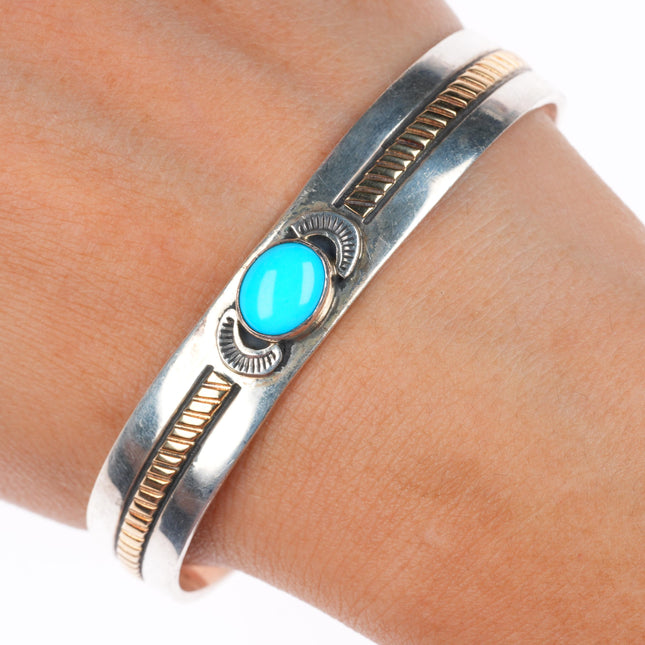 7.1" Rick Enriquez Navajo 14k gold sterling silver turquoise cuff bracelet