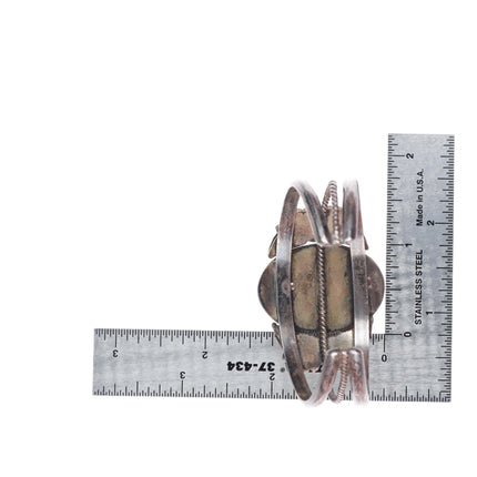 6.2" vintage Navajo sterling silver picture jasper cuff bracelet feather accents