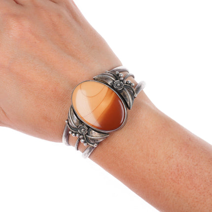 6.2" vintage Navajo sterling silver picture jasper cuff bracelet feather accents