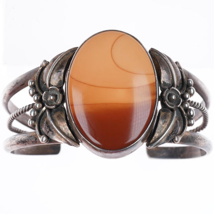 6.2" vintage Navajo sterling silver picture jasper cuff bracelet feather accents