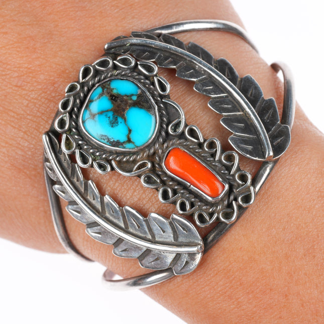 6.2" vintage Navajo sterling silver turquoise and coral feathers cuff bracelet