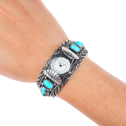 6" Orville Tsinnie Navajo sterling silver watch row cuff bracelet nice turquoise