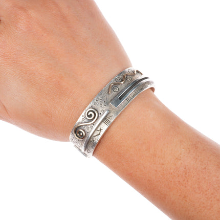 5.75" Myron Panteah Zuni 14k gold sterling silver petroglyph cuff bracelet