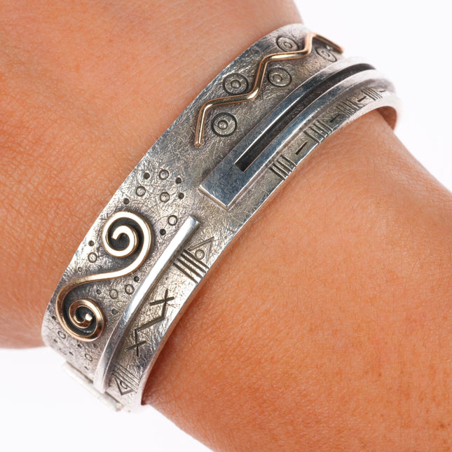 5.75" Myron Panteah Zuni 14k gold sterling silver petroglyph cuff bracelet