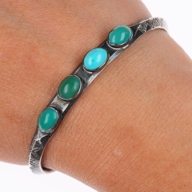 6.25" c1930 Navajo ingot silver turquoise carinated arrow stamped cuff bracelet