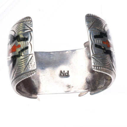 7.25" vintage Navajo sterling silver chip inlay peyote bird watch cuff bracelet