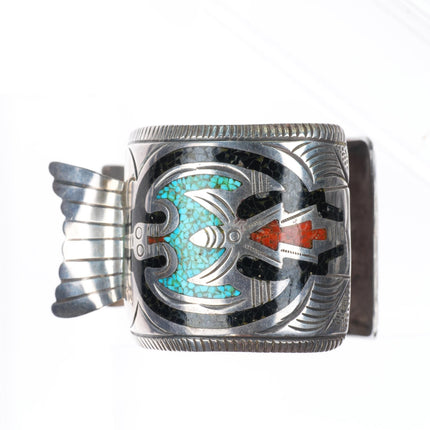 7.25" vintage Navajo sterling silver chip inlay peyote bird watch cuff bracelet