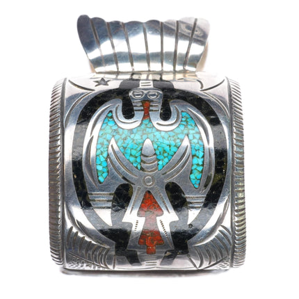 7.25" vintage Navajo sterling silver chip inlay peyote bird watch cuff bracelet