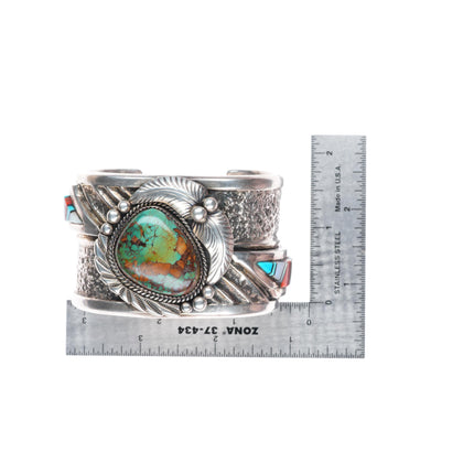 6.7" Heavy vintage Navajo sterling silver inlay cuff bracelet w/ nice turquoise
