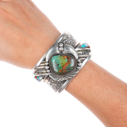 6.7" Heavy vintage Navajo sterling silver inlay cuff bracelet w/ nice turquoise
