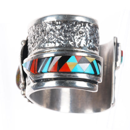 6.7" Heavy vintage Navajo sterling silver inlay cuff bracelet w/ nice turquoise