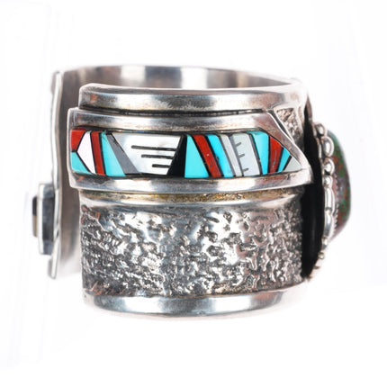 6.7" Heavy vintage Navajo sterling silver inlay cuff bracelet w/ nice turquoise