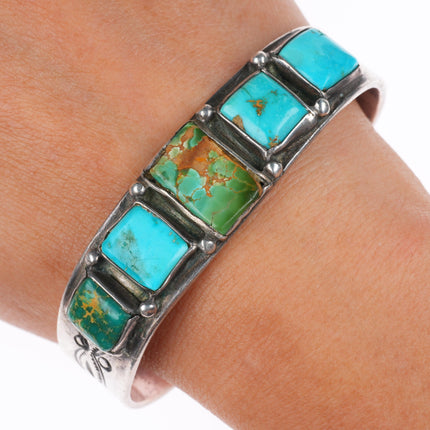 7" c1930's vintage Navajo sterling silver square turquoise row cuff bracelet