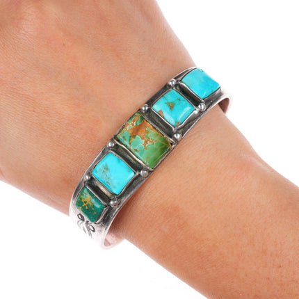 7" c1930's vintage Navajo sterling silver square turquoise row cuff bracelet
