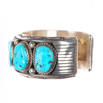 7.5" vintage Navajo big carinated sterling silver turquoise row cuff bracelet