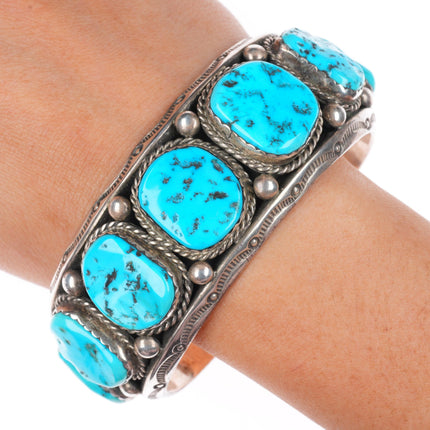 7.5" vintage Navajo big carinated sterling silver turquoise row cuff bracelet