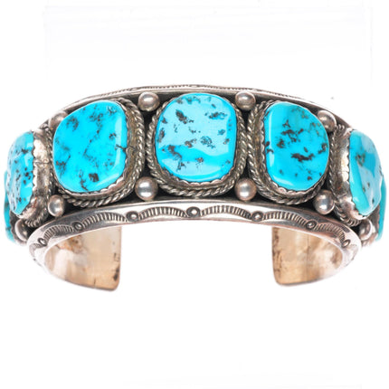 7.5" vintage Navajo big carinated sterling silver turquoise row cuff bracelet