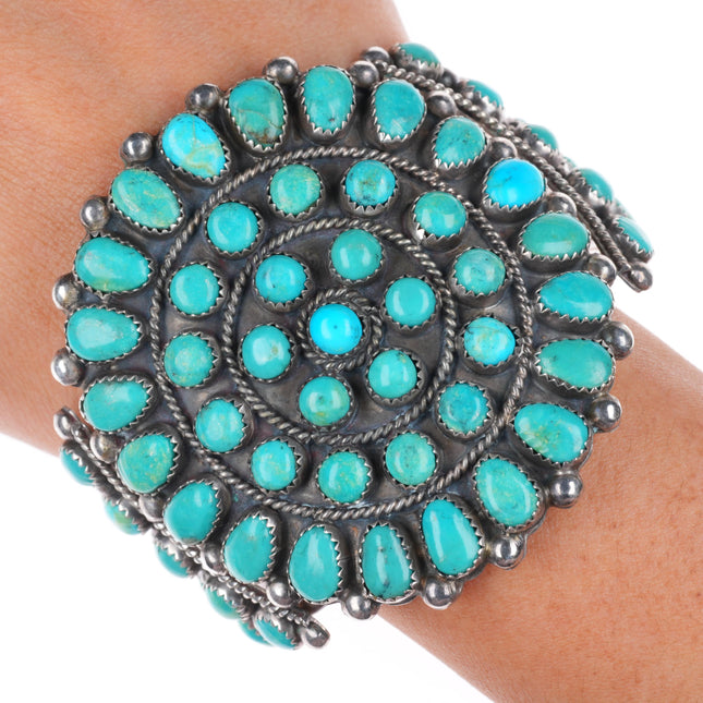 6.3"vintage KL Zuni sterling silver snake eye turquoise cluster cuff bracelet