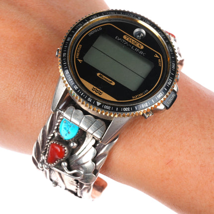 7" Vintage Navajo sterling silver watch cuff bracelet Timex Data-Link digital