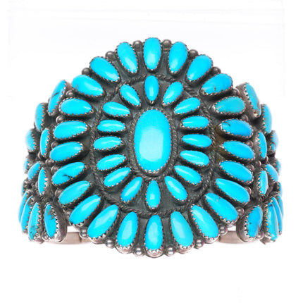 6.25" big vintage DQ Zuni sterling silver turquoise cluster cuff bracelet