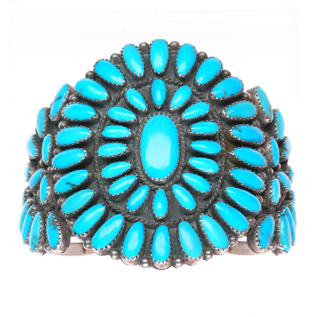 6.25" big vintage DQ Zuni sterling silver turquoise cluster cuff bracelet