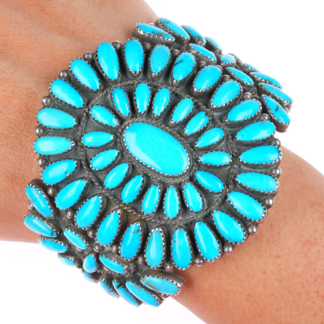 6.25" big vintage DQ Zuni sterling silver turquoise cluster cuff bracelet