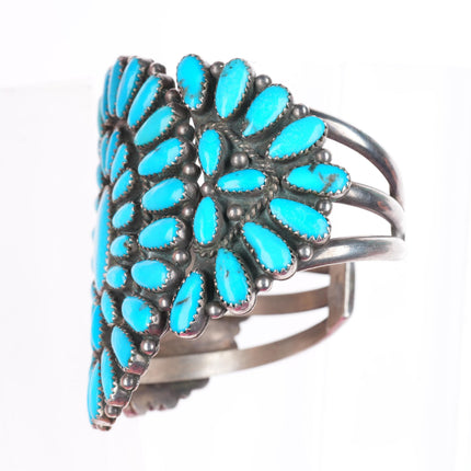 6.25" big vintage DQ Zuni sterling silver turquoise cluster cuff bracelet