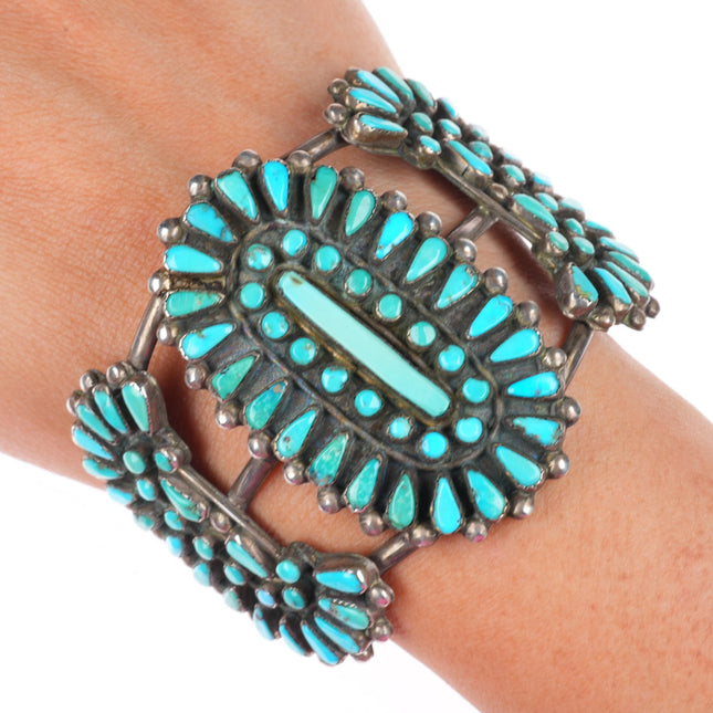 6.9" vintage Zuni sterling silver turquoise turquoise cluster cuff bracelet