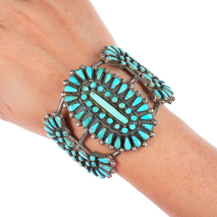 6.9" vintage Zuni sterling silver turquoise turquoise cluster cuff bracelet