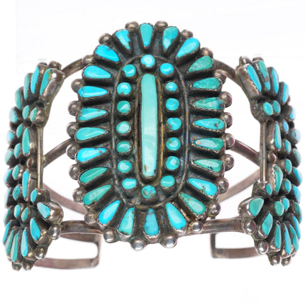 6.9" vintage Zuni sterling silver turquoise turquoise cluster cuff bracelet