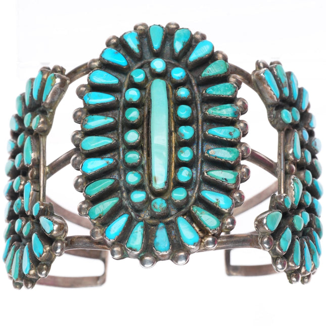 6.9" vintage Zuni sterling silver turquoise turquoise cluster cuff bracelet
