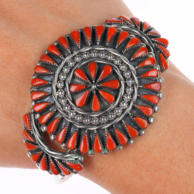 6.5"  vintage Andrea Pinto Zuni sterling silver coral cluster cuff bracelet