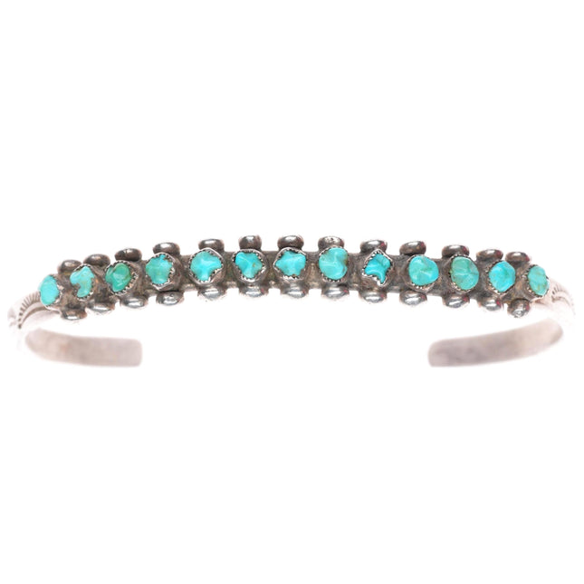 6.4" c1940's Vintage Zuni sterling silver carved turquoise row cuff bracelet