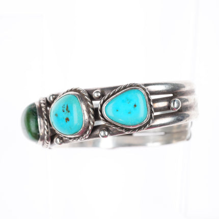 6.1" vintage Navajo sterling silver turquoise row cuff bracelet rope bezels