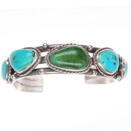 6.1" vintage Navajo sterling silver turquoise row cuff bracelet rope bezels