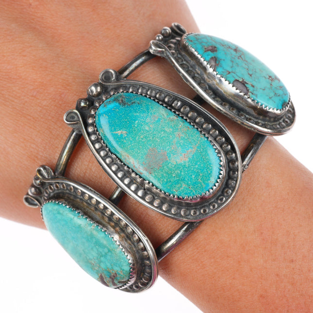 6.7" vintage Navajo large 3 stone turquoise sterling silver cuff bracelet