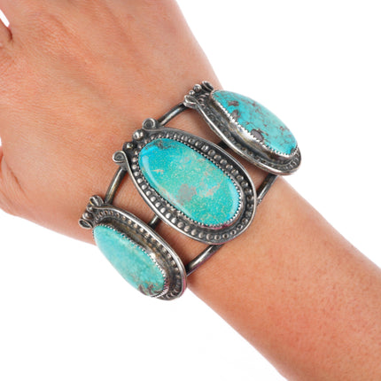 6.7" vintage Navajo large 3 stone turquoise sterling silver cuff bracelet