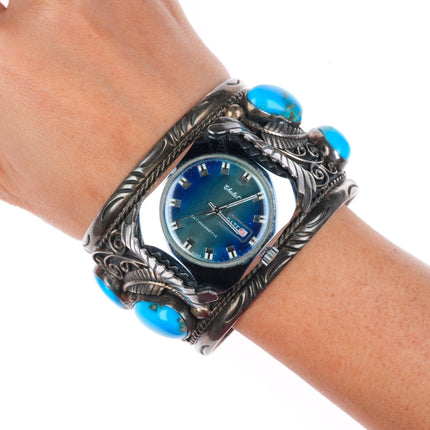 7.1" heavy vintage Navajo sterling silver large watch cuff bracelet w/ turquoise