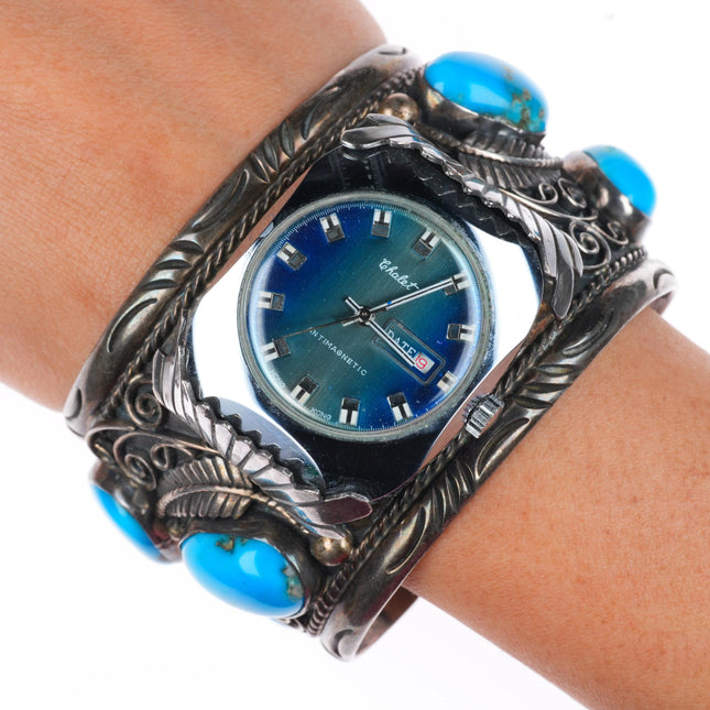 7.1" heavy vintage Navajo sterling silver large watch cuff bracelet w/ turquoise
