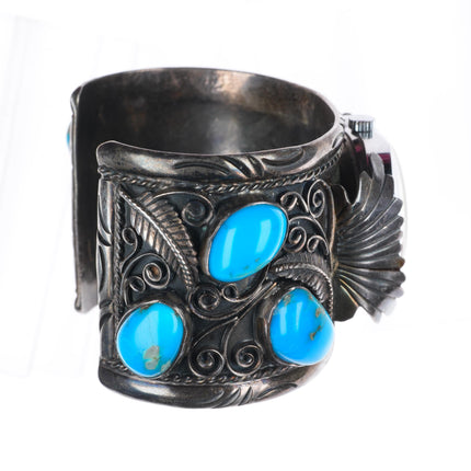 7.1" heavy vintage Navajo sterling silver large watch cuff bracelet w/ turquoise