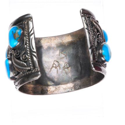 7.1" heavy vintage Navajo sterling silver large watch cuff bracelet w/ turquoise