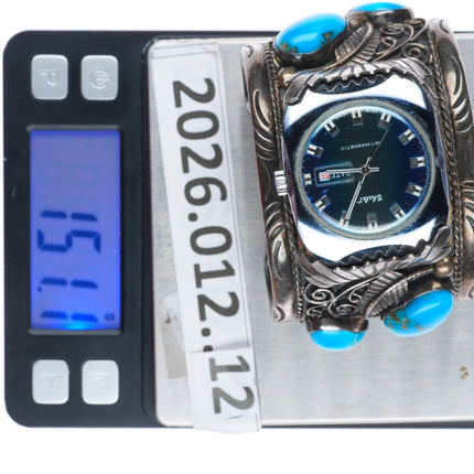 7.1" heavy vintage Navajo sterling silver large watch cuff bracelet w/ turquoise